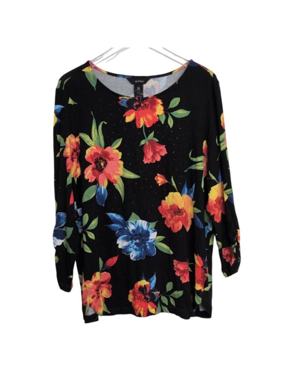 Ali Miles Vibrant Floral Shirt Womens Size Large Black Embellished Artsy Boho
